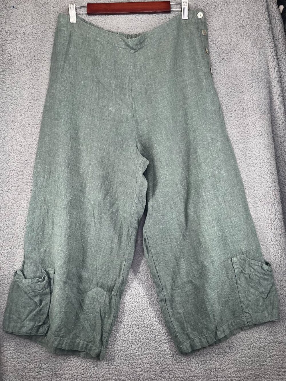 Bryn Walker 100% Linen Sage Wide Leg Cropped Pants Lagenlook size Large
